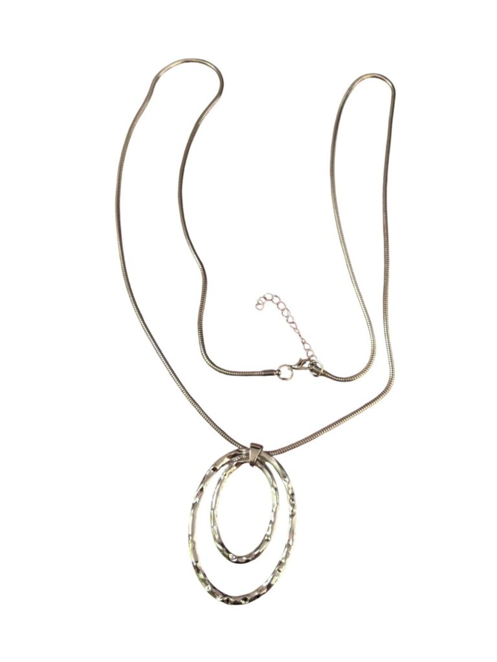 Silver Tone Long Snake Chain Necklace Double Hammered Open Oval Pendant Adj 36"